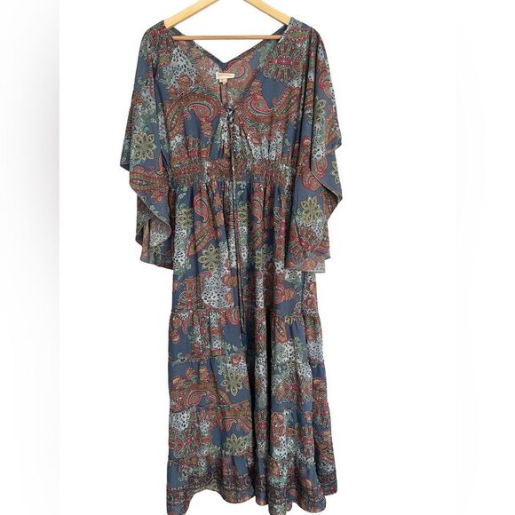 Boemo Blue and Red Paisley Long Sleeve Maxi Dress - Picture 2 of 10